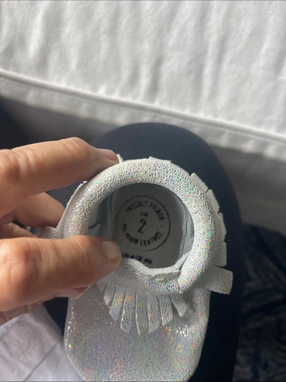 NWOT Freshly Picked Size 2 Silver Holographic Moccasins